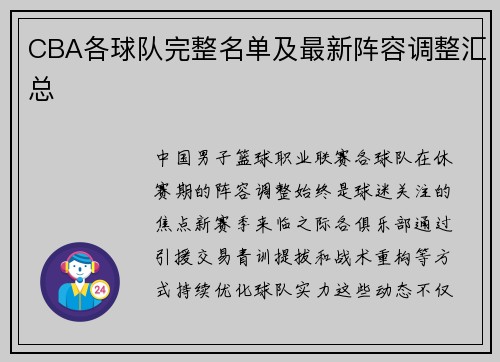 CBA各球队完整名单及最新阵容调整汇总