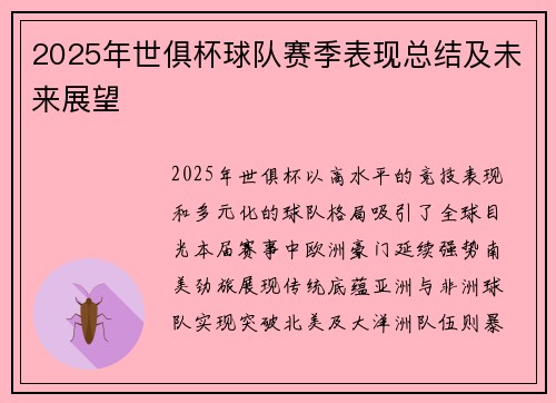 2025年世俱杯球队赛季表现总结及未来展望